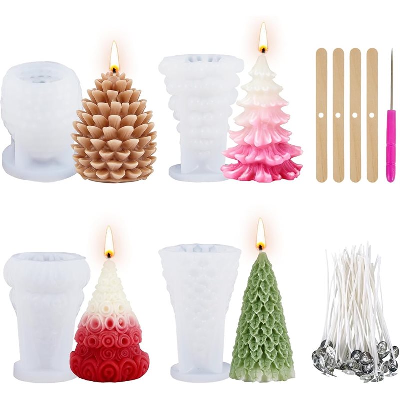 Xmas Candle Making - 【手当】キャンドル作り用クリスマスツリー、型4個入りクリスマスシリコン型、松ぼっくり型、DIYクリスマス手作りキャンドル用