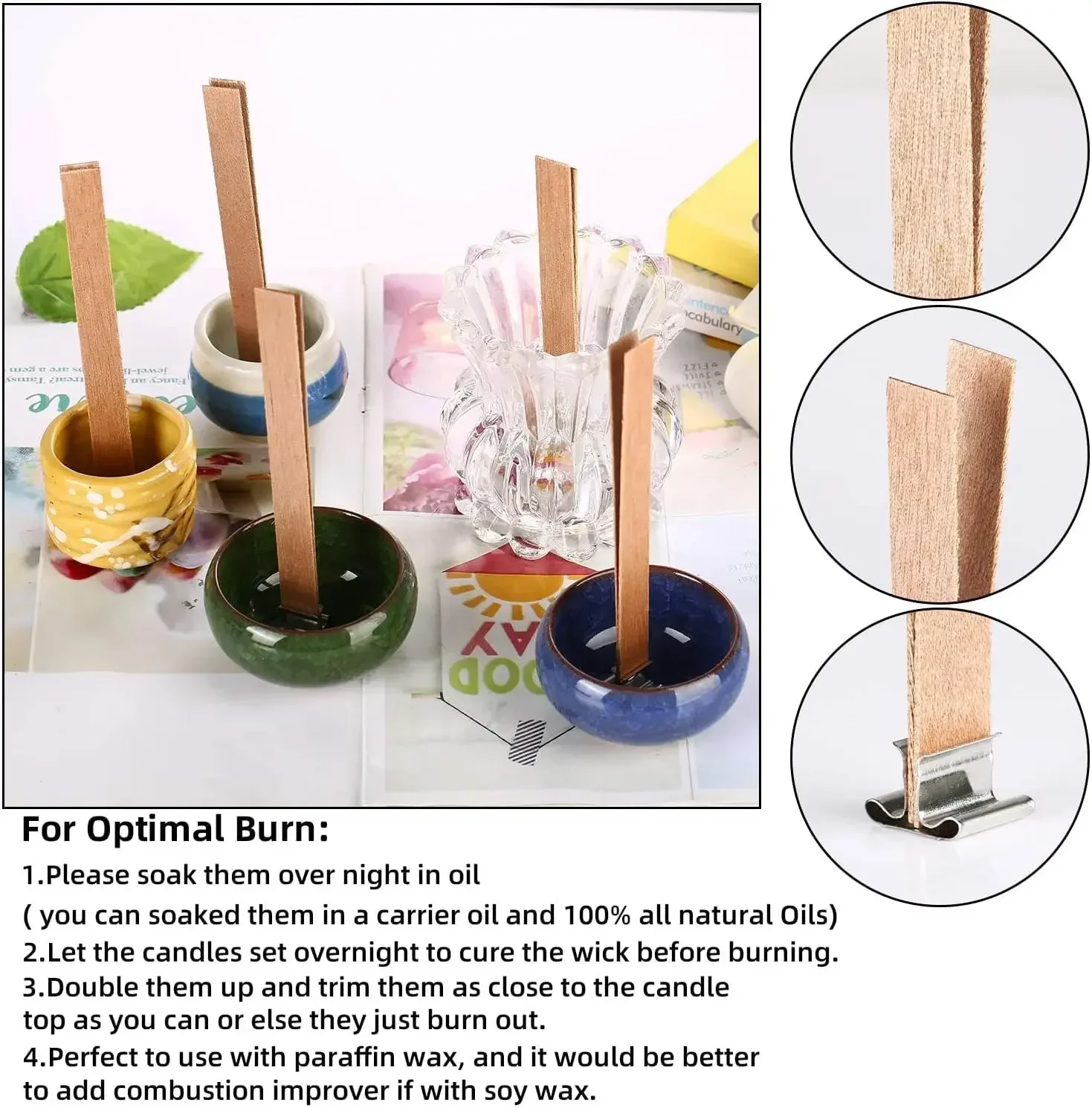 1-5袋入り天然木製キャンドル芯、金属ベース付き、パチパチ音 - Wood Wick Crackle のレビューと価格